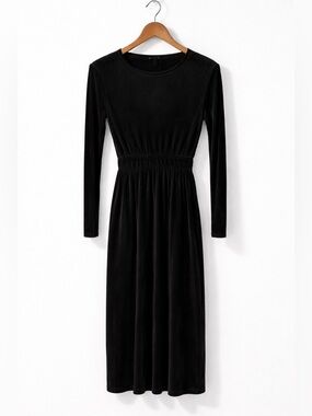 Zara Black Ribbed Midi Dress Long Sleeve Fitted Waist Size S NWT